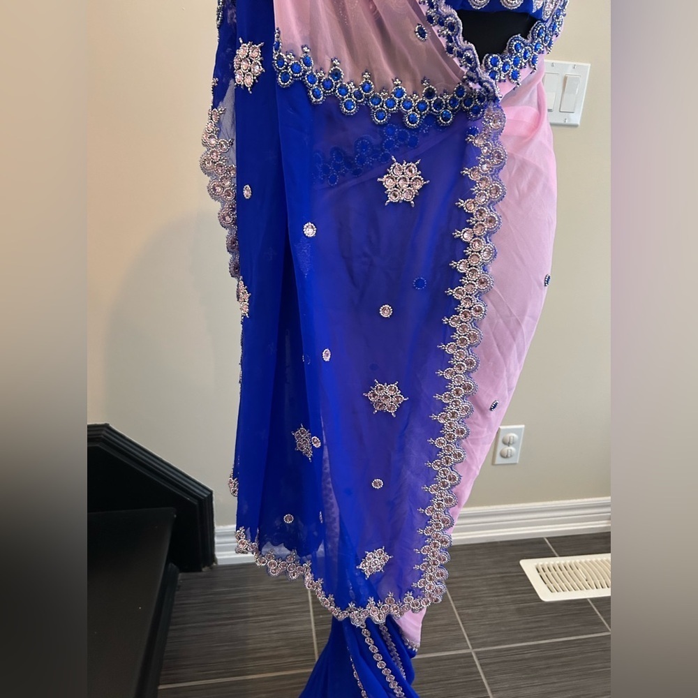 Blue & Blush Pink Embellished Saree with Ready-Made Blouse - Picture 6 of 9